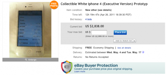Il prototipo di un iPhone 4 bianco viene messo in vendita su eBay 1
