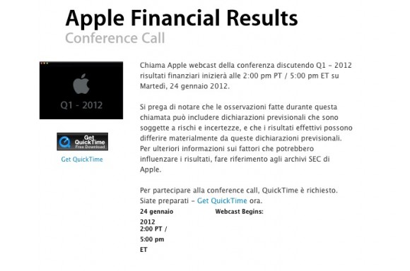 Martedì 24 Gennaio Apple pubblicherà i risultati finanziari del 1° trimestre 2012 1