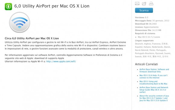 Apple rilascia una nuova versione di Utility Airport 6 per mac OS X Lion e un nuovo firmware per AirPort Base e Time Capsule 3