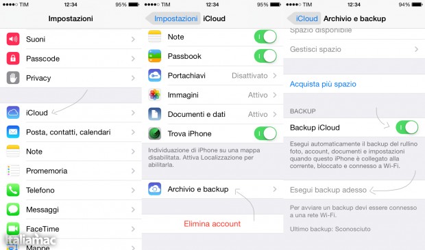 Effettuare il backup su iCloud