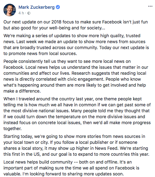 Mark Zuckerberg: Più spazio alle notizie locali su Facebook! 1