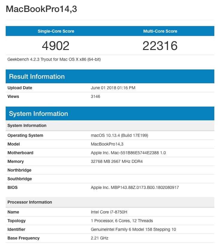 Apparso Benchmark MacBook Pro con chip Cofee Lake e 32GB di RAM 1