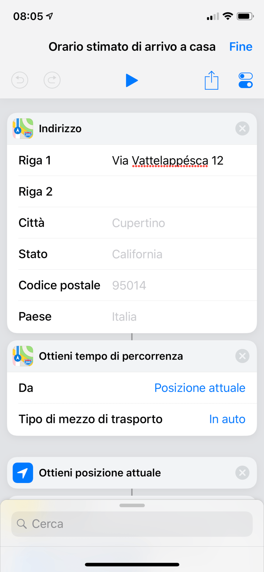 Orario stimato di arrivo in una posizione con una Shortcut 1