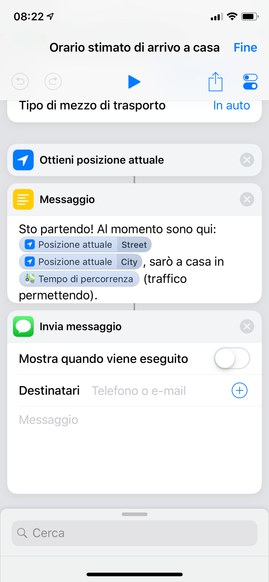 Orario stimato di arrivo in una posizione con una Shortcut 2