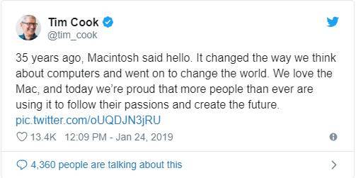 Tim Cook pubblica un tweet in occasione del 35 ° anniversario del Mac 2