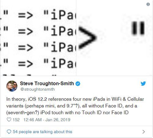 iOS 12.2 beta include riferimenti a quattro nuovi modelli di iPad e un nuovo iPod Touch senza Touch ID 1