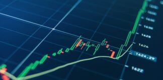 Graph of digital money price movements represented with green and red candlesticks